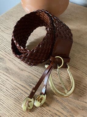MICHAEL Michael Kors Brown Woven Leather Belt with Gold Buckle
